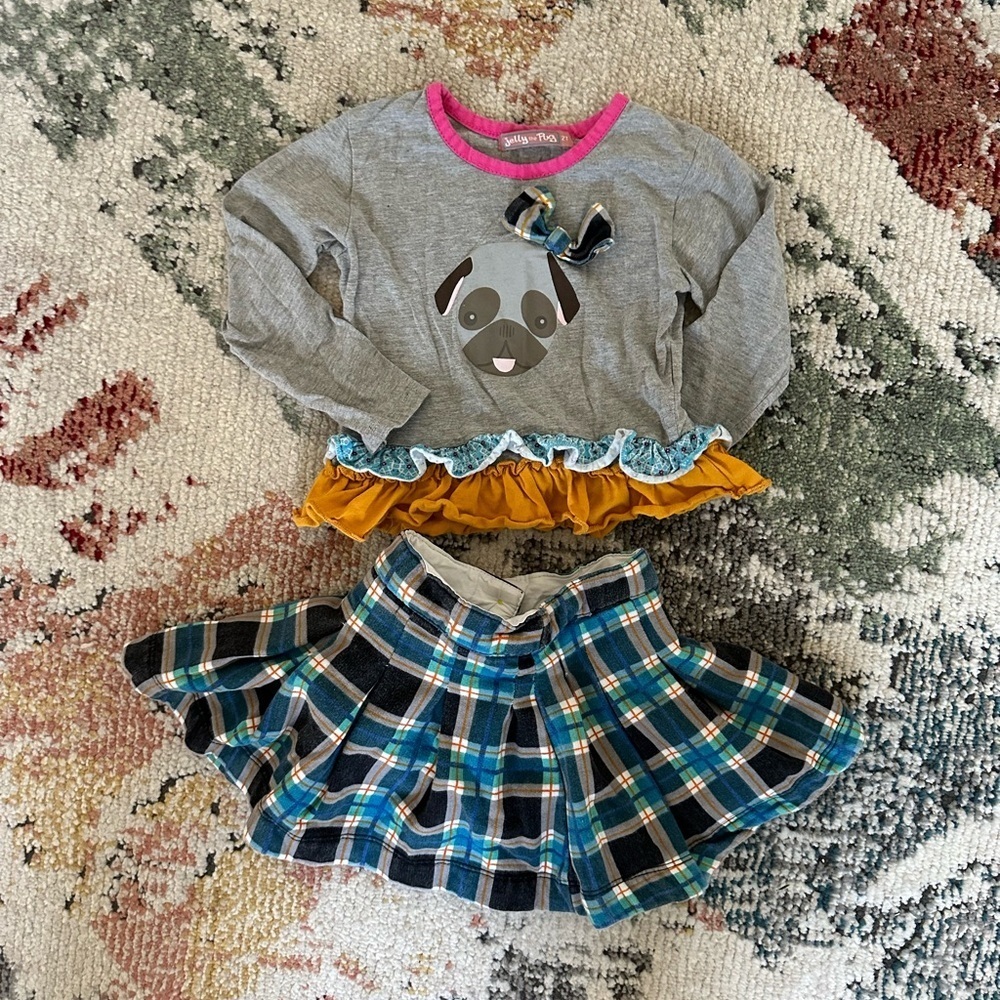 Vintage Jelly the Pug Checked Skirt & Pug Long Sleeve Matching Ruffle Shirt Set